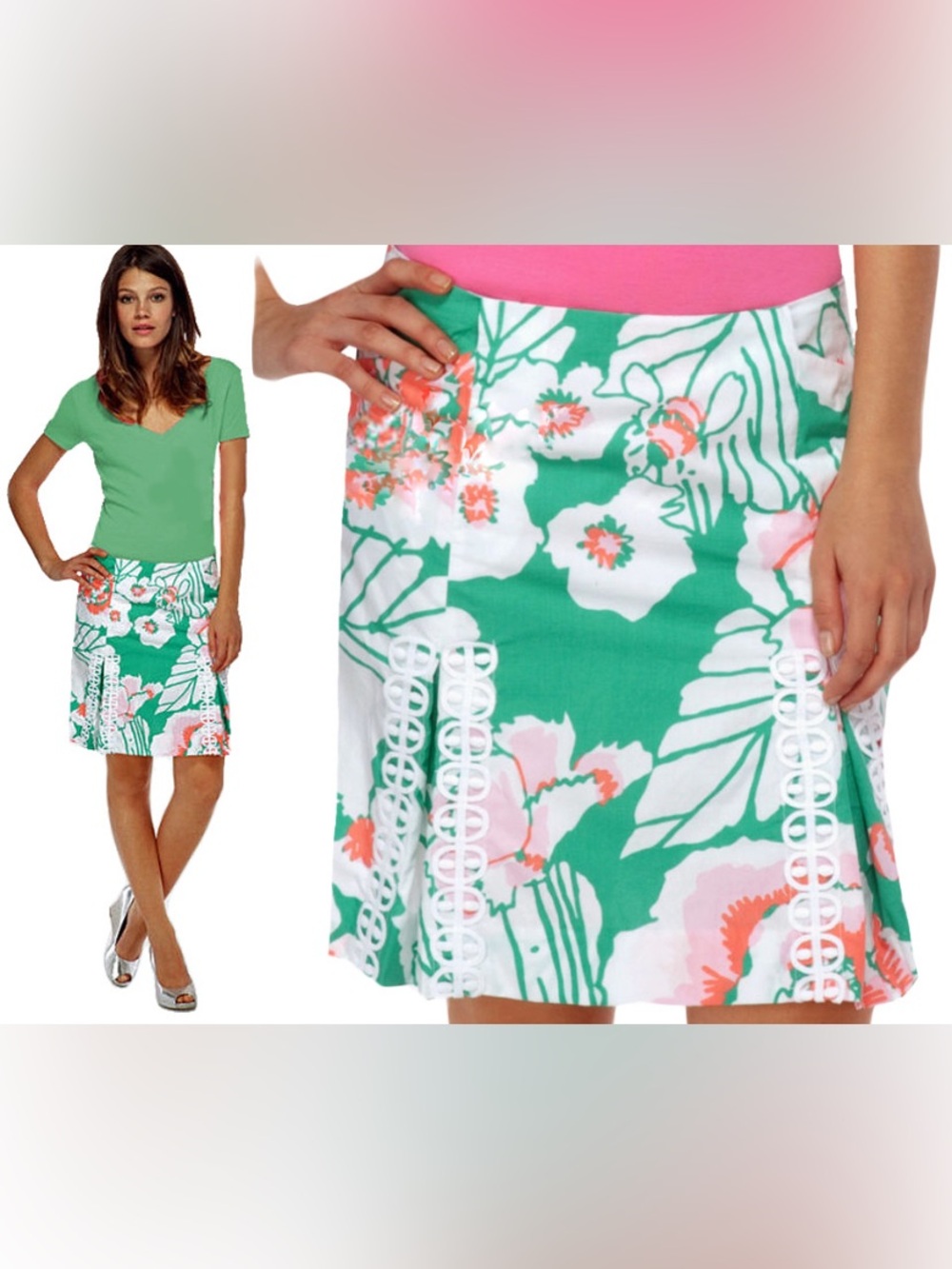Lilly Pulitzer Jade Green Roslyn Take It Even Higher Floral Lace Skirt Size 12